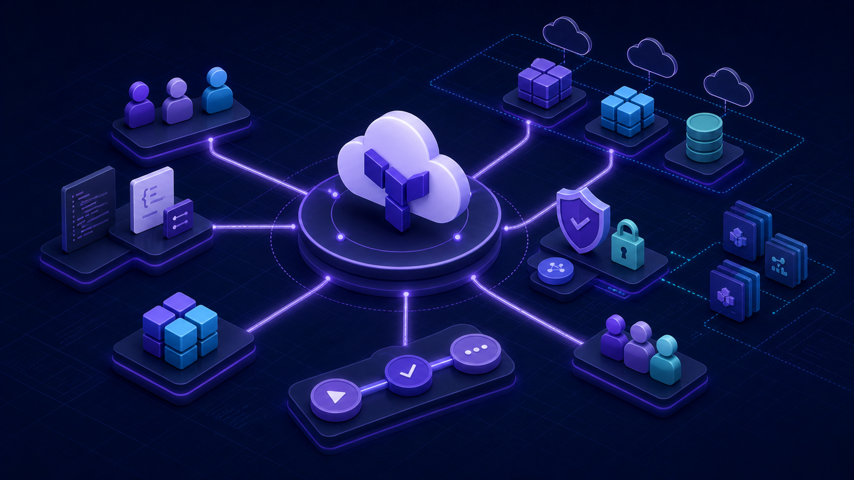 HCP Terraform illustration showing cloud workspaces, policy controls, and connected environments