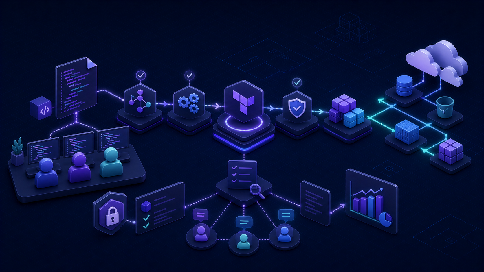 Terraform in the workplace illustration showing team workflows, code review, approvals, and infrastructure deployment