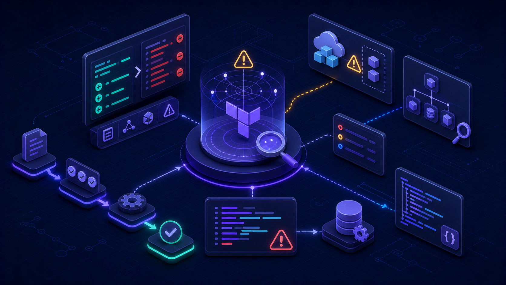 Terraform troubleshooting illustration with drift detection, validation, and debugging workflow