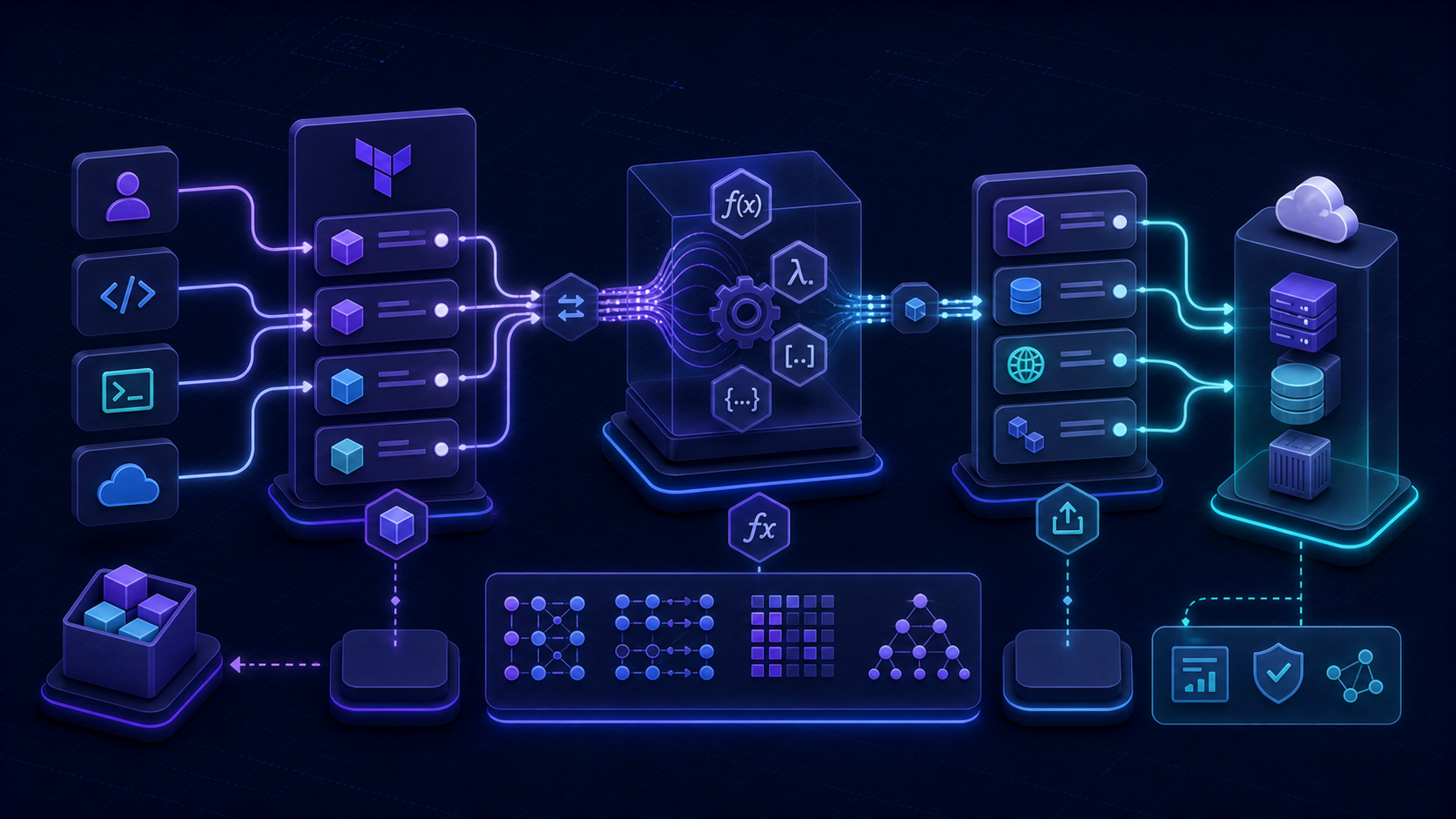 Terraform variables, outputs, and expressions illustration showing input and output data flow across configuration blocks