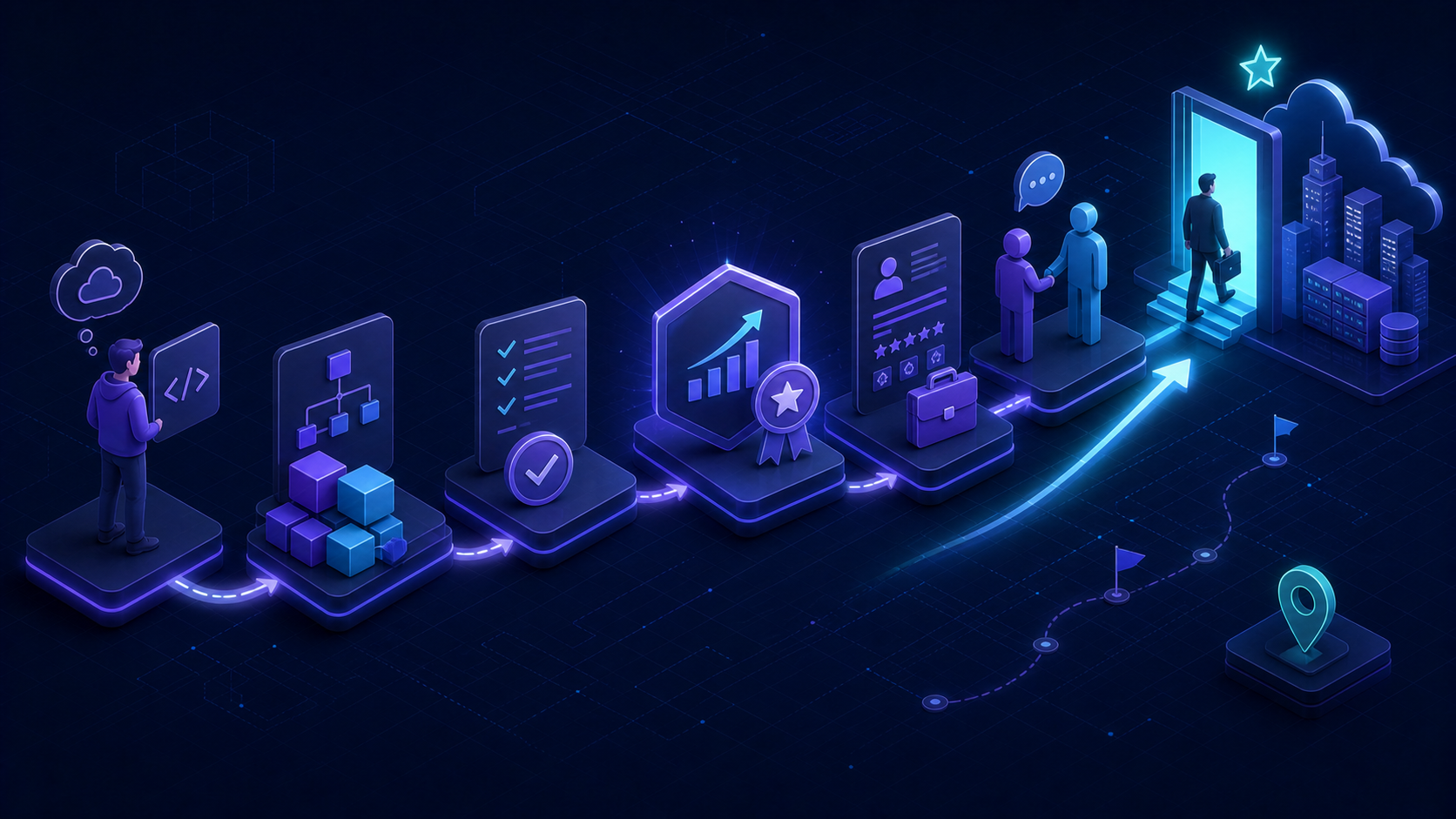 Career-focused Terraform certification illustration with professional growth path and infrastructure skills checkpoints